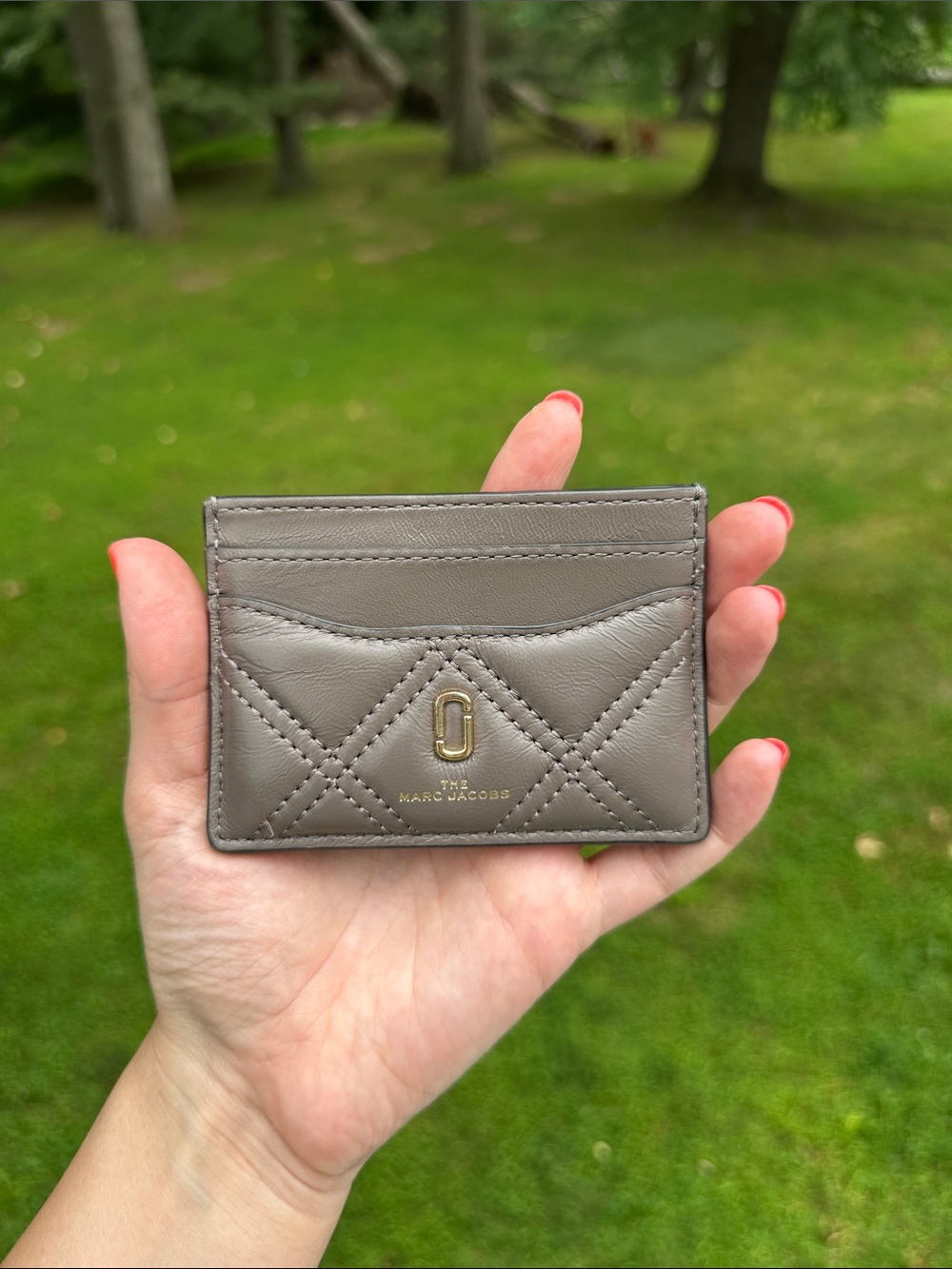 Marc Jacobs Quilted Leather Card Holder in Taupe Gray with Gold Hardware